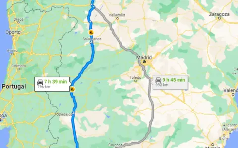 Mapa de rutas en coche por España baratas, mostrando un trayecto de 7h 39min desde Portugal a Salamanca y otro de 9h 45min a Madrid.