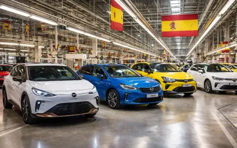 Fábrica de coches en España. Varios modelos nuevos, blanco, azul y amarillo, listos para ser matriculados.
