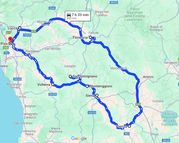 Mapa de una ruta por Italia que incluye Pisa, Florencia, Siena y Arezzo. El recorrido es de 455 km y dura 7h 33min.