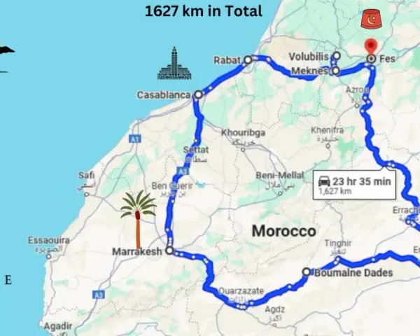 Mapa de rutas por Marruecos, con un recorrido de 1627 km que incluye ciudades como Marrakech, Fes y Merzouga.