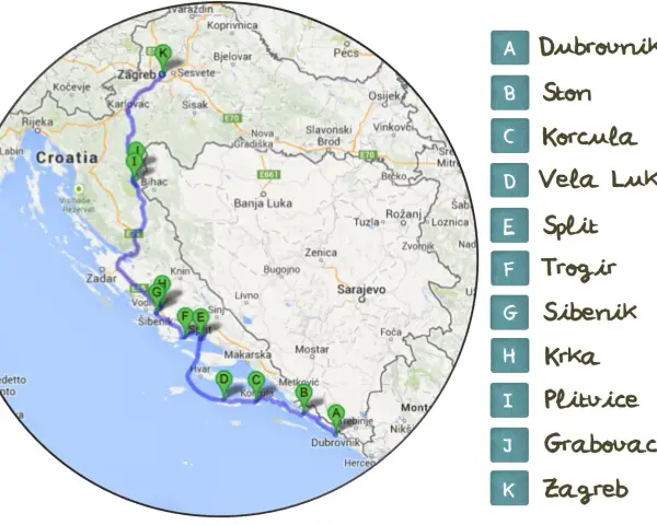 Mapa de ruta croacia 10 dias: Zagreb, Plitvice, Šibenik, Split, Korčula, Dubrovnik y más.