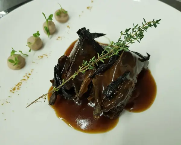 Plato de caza en salsa oscura, decorado con tomillo y puré de patatas. ¡Una opción deliciosa donde comer en Úbeda!