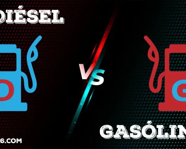Gráfico comparando el **precio gasolina vs diesel**. Iconos de surtidores de combustible, uno azul con "D" y otro rojo con "G", separados por un "VS".