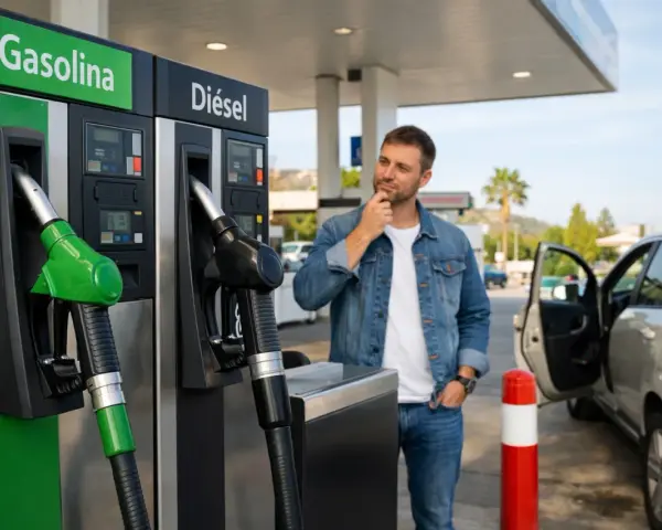 Hombre pensativo frente a surtidores de gasolina y diésel. ¿Cuál elegir para su viaje?