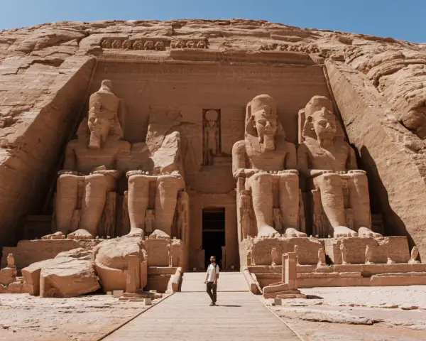 Un viajero explora el templo de Abu Simbel, una maravilla del Antiguo Egipto. ¡Una aventura de egipto por libre inolvidable!