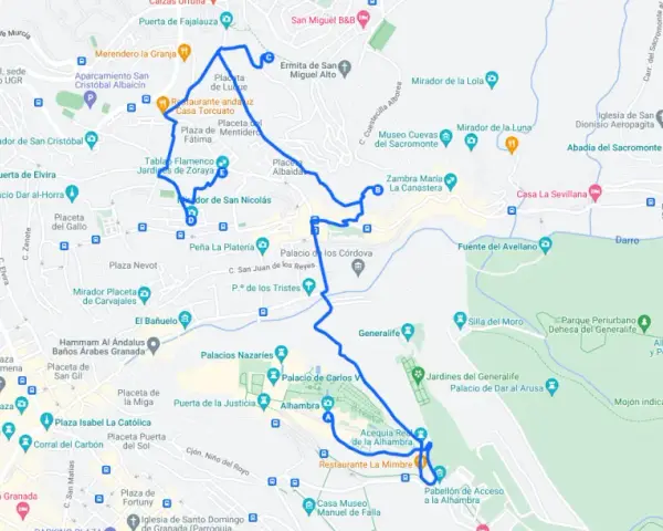 Mapa de ruta para ver en Granada en dos días, incluyendo la Alhambra, Generalife, Mirador de San Nicolás y el Albaicín.