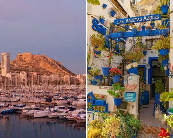 Puerto deportivo y castillo de Santa Bárbara al atardecer, y un patio decorado con macetas azules. Ideas de qué ver en Alicante en un día.