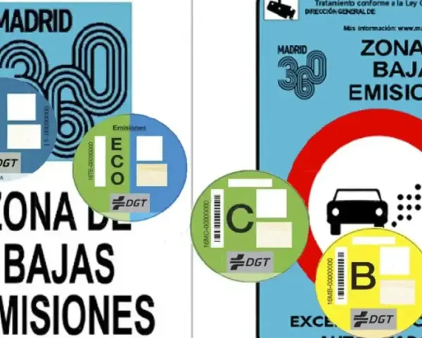 Pegatinas DGT para saber si mi coche es de bajas emisiones en Madrid. Muestran las categorías 0, ECO, C y B.
