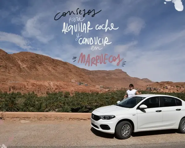 Consejos para alquilar coche y conducir en Marruecos. Paisaje desértico con palmeras y una mujer junto a un coche blanco.