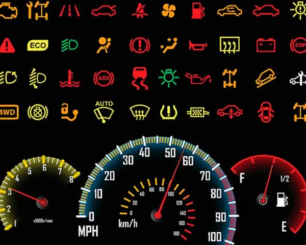 Panel de instrumentos con múltiples señales de avería en el coche, luces de advertencia y medidores.