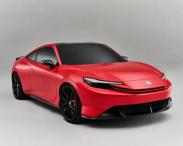 Coche deportivo rojo con techo negro, llantas negras y pinzas rojas. Los coches híbridos son automáticos, ofreciendo una conducción suave y eficiente.