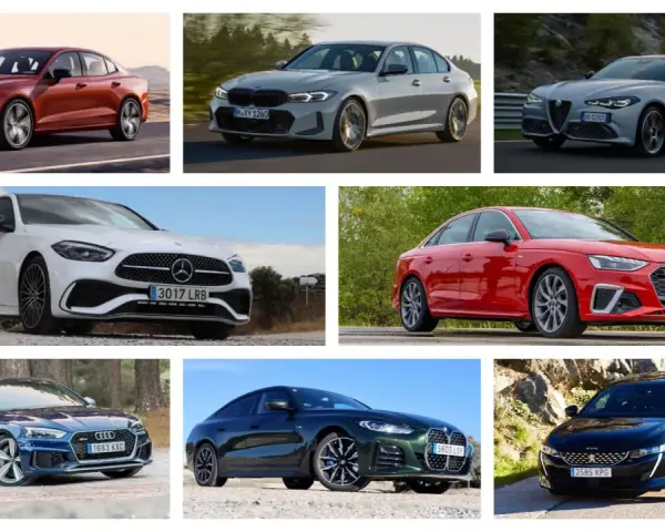 Varios sedanes y berlinas de lujo, como Volvo, BMW, Alfa Romeo, Mercedes-Benz, Audi y Peugeot, ilustran la diferencia entre sedan y berlina.