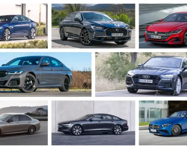 Varios sedanes de lujo, como el Jaguar XF y el BMW Serie 5, ilustran la diferencia entre berlina y coupé.