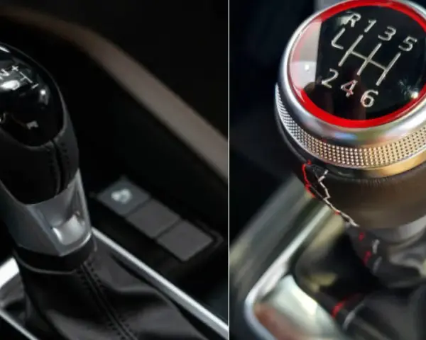 Palanca de un coche automático (P, R, N, D) y palanca de un coche manual de 6 velocidades.