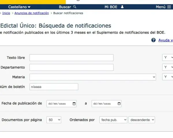 Formulario para buscar notificaciones y saber si tengo multas. Permite filtrar por texto, departamento, materia, número de boletín y fecha.