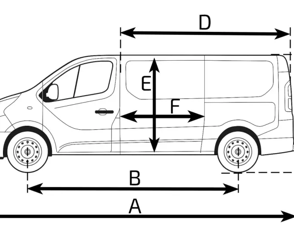 Diagrama de dimensiones de la Opel Vivaro, mostrando longitud, anchura y altura.