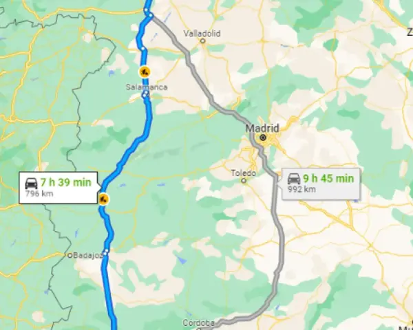 Mapa de rutas en coche por España baratas, mostrando un trayecto de 7h 39min desde Portugal a Salamanca y otro de 9h 45min a Madrid.