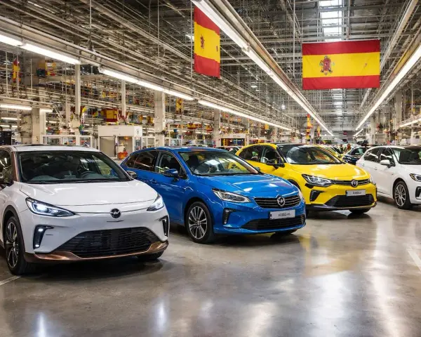Fábrica de coches en España. Varios modelos nuevos, blanco, azul y amarillo, listos para ser matriculados.