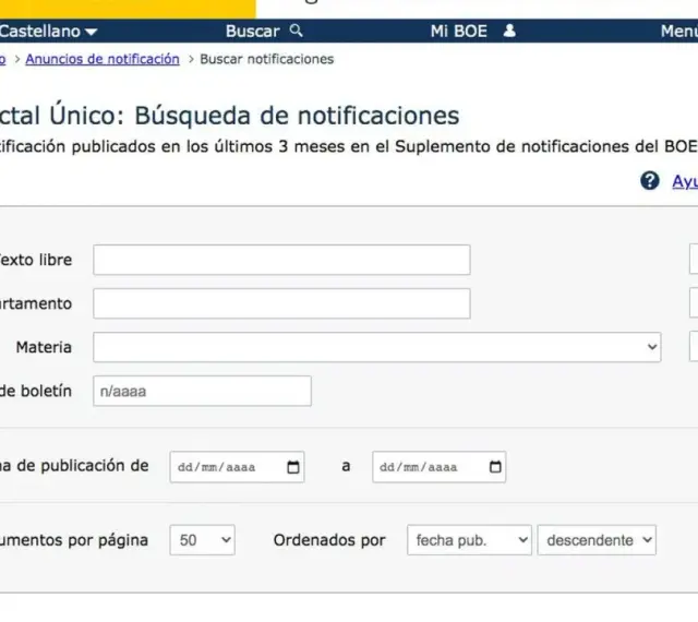 Formulario para buscar notificaciones y saber si tengo multas. Permite filtrar por texto, departamento, materia, número de boletín y fecha.