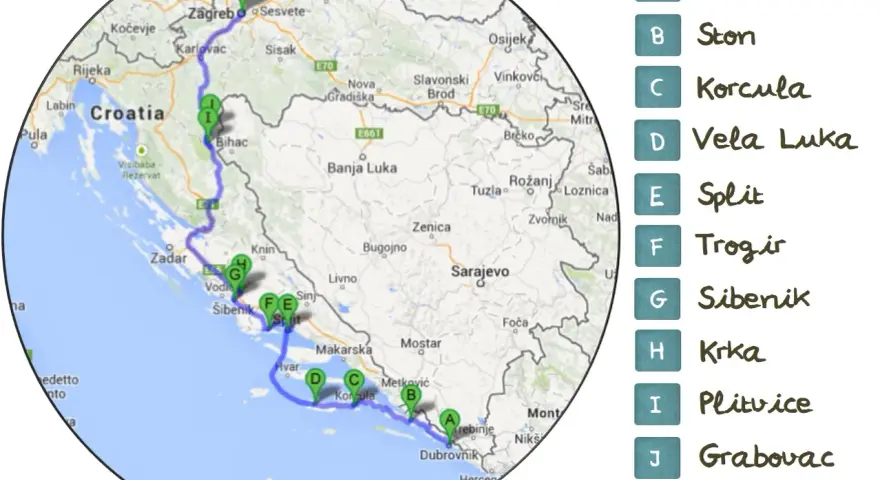 Mapa de ruta croacia 10 dias: Zagreb, Plitvice, Šibenik, Split, Korčula, Dubrovnik y más.