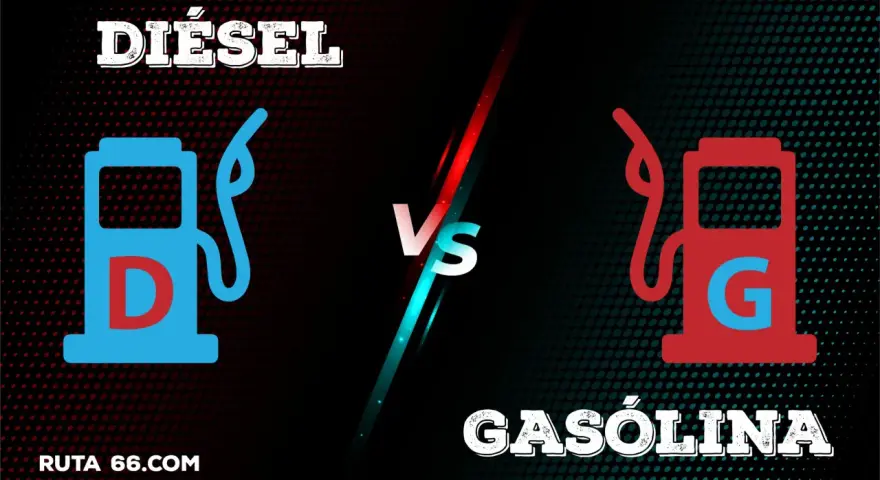 Gráfico comparando el **precio gasolina vs diesel**. Iconos de surtidores de combustible, uno azul con "D" y otro rojo con "G", separados por un "VS".