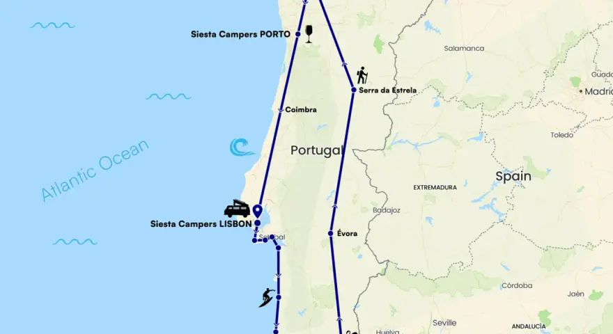 Mapa de una ruta por Portugal, incluyendo Porto, Lisboa y Faro, con iconos de surf, senderismo y flamencos.