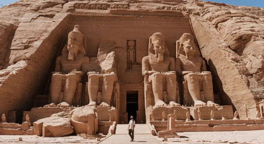 Un viajero explora el templo de Abu Simbel, una maravilla del Antiguo Egipto. ¡Una aventura de egipto por libre inolvidable!