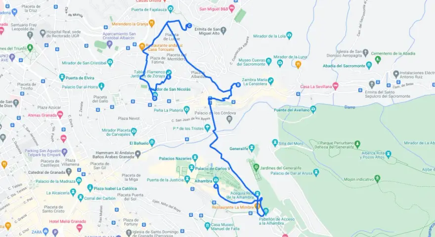 Mapa de ruta para ver en Granada en dos días, incluyendo la Alhambra, Generalife, Mirador de San Nicolás y el Albaicín.