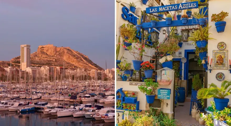 Puerto deportivo y castillo de Santa Bárbara al atardecer, y un patio decorado con macetas azules. Ideas de qué ver en Alicante en un día.