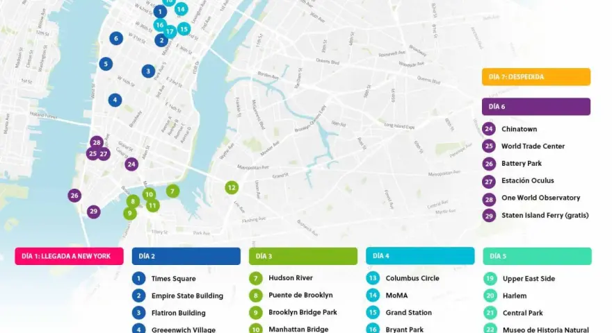 Mapa de Nueva York con itinerario: ¿cuántos días para ver Nueva York? Incluye puntos turísticos por día, desde la llegada hasta la despedida.