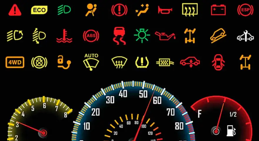Panel de instrumentos con múltiples señales de avería en el coche, luces de advertencia y medidores.