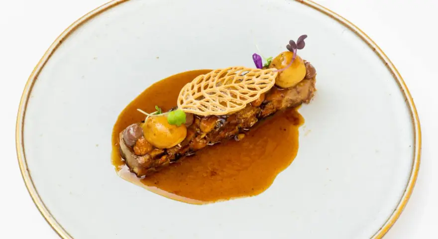 Delicioso plato de carne con salsa y guarnición, ideal para descubrir dónde comer en Zaragoza.