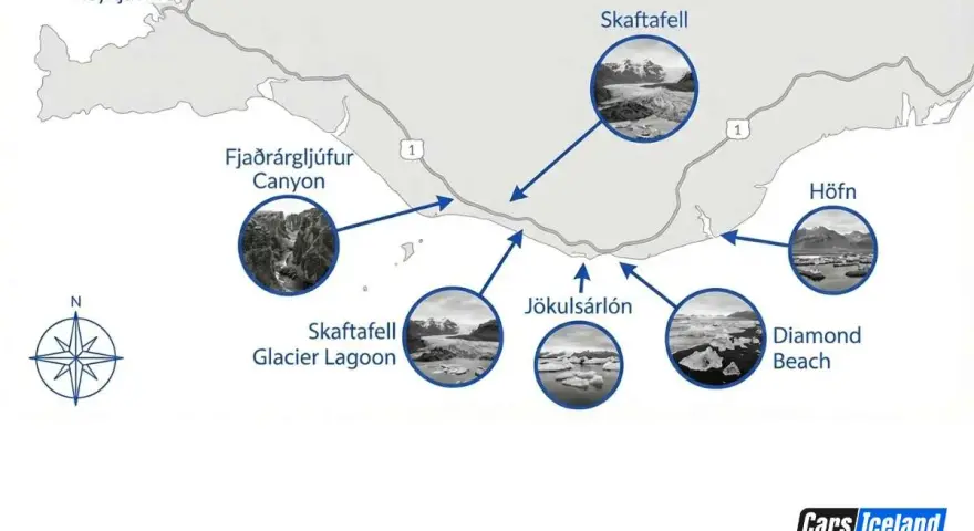 Mapa de una ruta por Islandia, mostrando Reykjavík, Fjaðrárgljúfur Canyon, Skaftafell Glacier Lagoon, Jökulsárlón, Diamond Beach y Höfn.