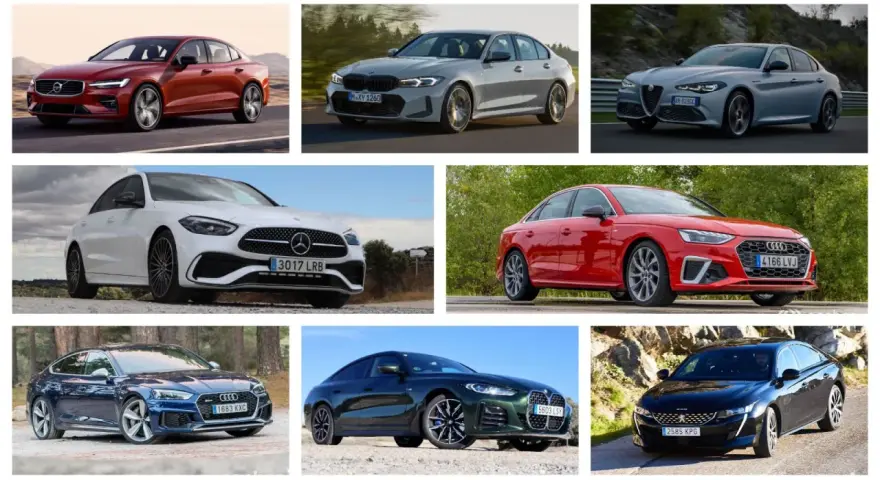 Varios sedanes y berlinas de lujo, como Volvo, BMW, Alfa Romeo, Mercedes-Benz, Audi y Peugeot, ilustran la diferencia entre sedan y berlina.