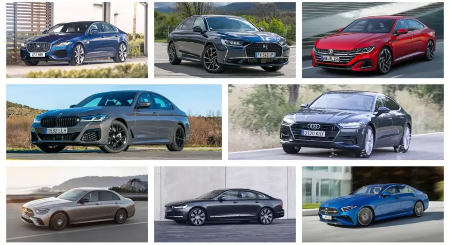 Varios sedanes de lujo, como el Jaguar XF y el BMW Serie 5, ilustran la diferencia entre berlina y coupé.