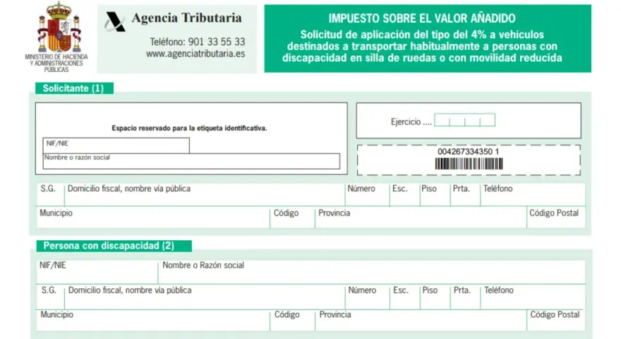 Formulario de la Agencia Tributaria para solicitar el tipo reducido del 4% de IVA en la compra de un coche para personas con movilidad reducida.