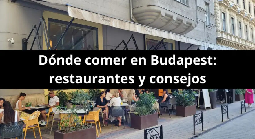 Gente disfrutando de una comida en un restaurante al aire libre en Budapest. El texto dice "Dónde comer en Budapest: restaurantes y consejos".
