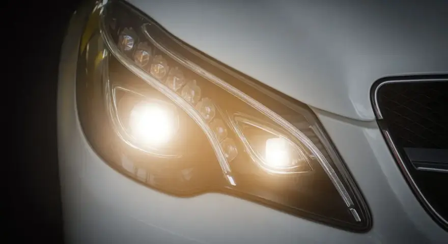 Primer plano de un faro de coche moderno con luces cortas encendidas, un símbolo de visibilidad y seguridad en la carretera.