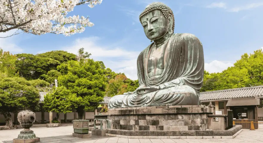 El Gran Buda de bronce, una maravilla que ver en Kamakura, sentado serenamente bajo cerezos en flor y rodeado de exuberante vegetación.