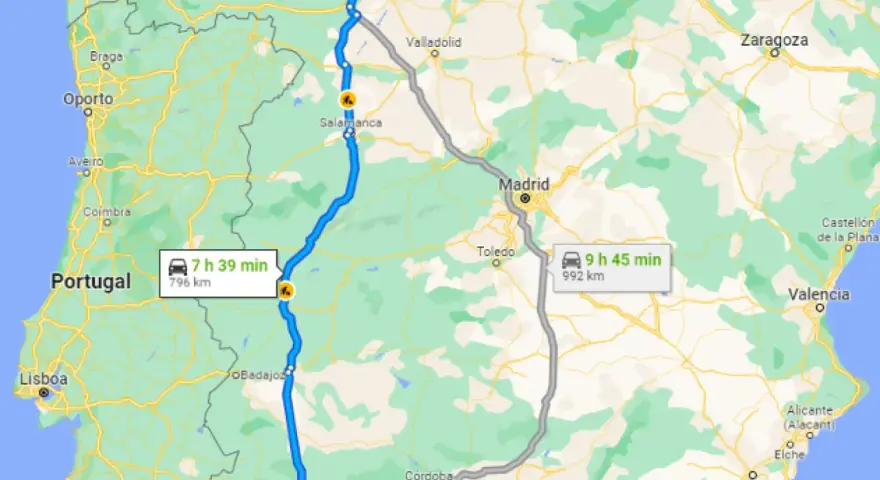 Mapa de rutas en coche por España baratas, mostrando un trayecto de 7h 39min desde Portugal a Salamanca y otro de 9h 45min a Madrid.