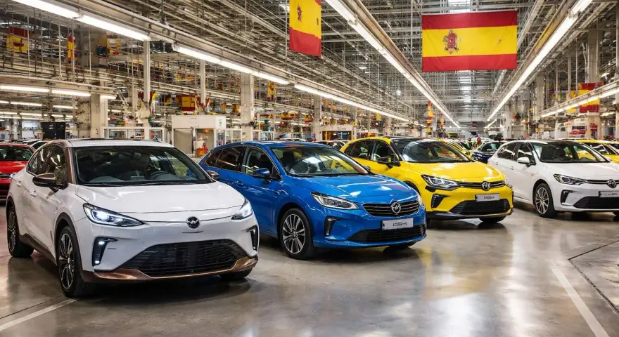 Fábrica de coches en España. Varios modelos nuevos, blanco, azul y amarillo, listos para ser matriculados.