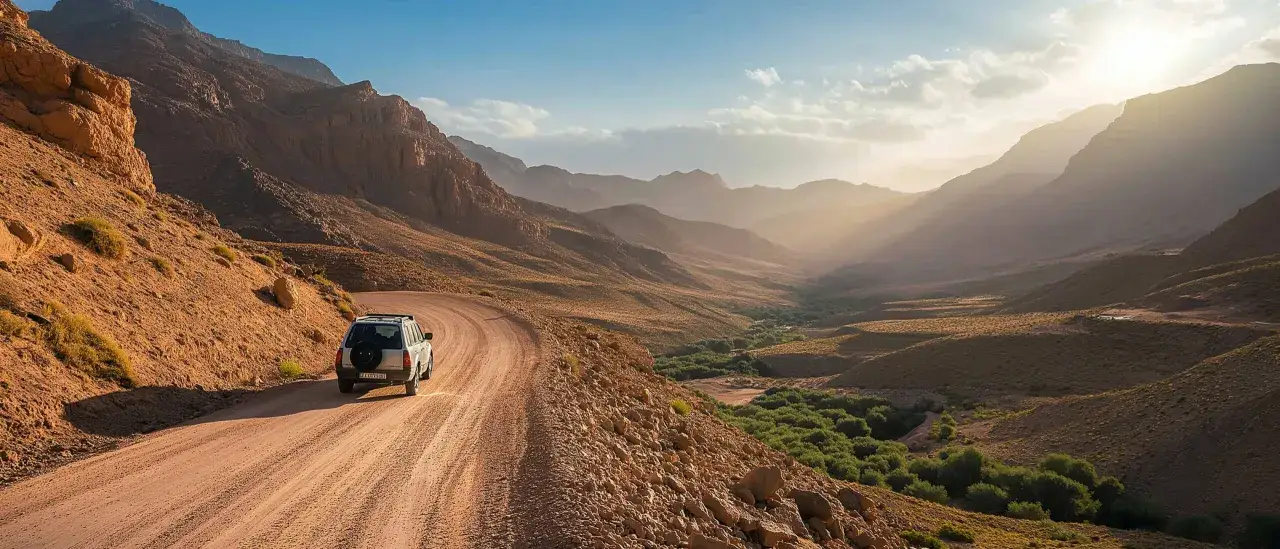 Un vehículo 4x4 recorre un camino de tierra en un valle montañoso, ideal para rutas por Marruecos.
