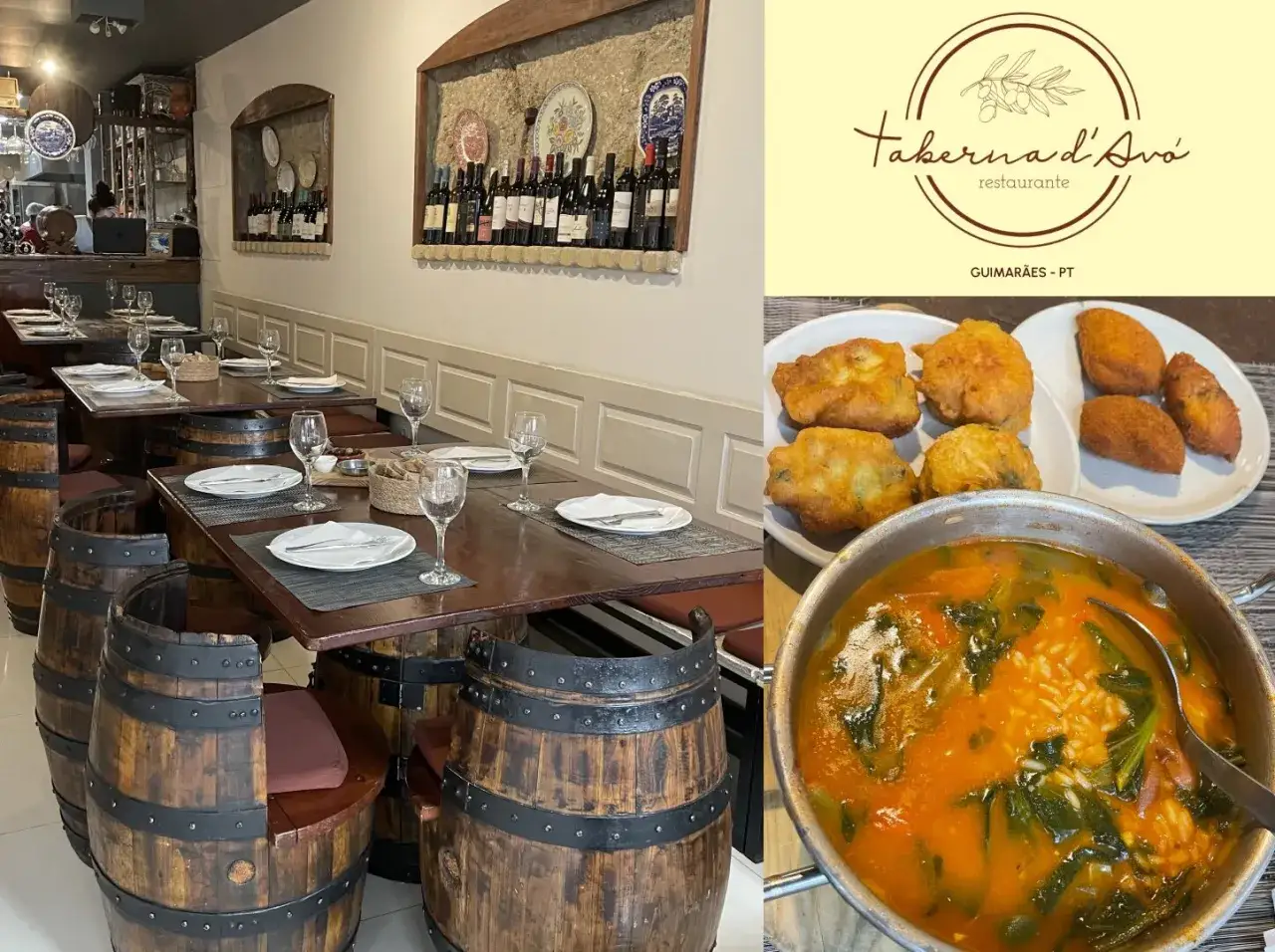 Taberna d'Av&oacute;, un lugar acogedor donde comer en Guimar&atilde;es, ofrece un ambiente r&uacute;stico con mesas y asientos de barril, y platos deliciosos como sopa y fritos.