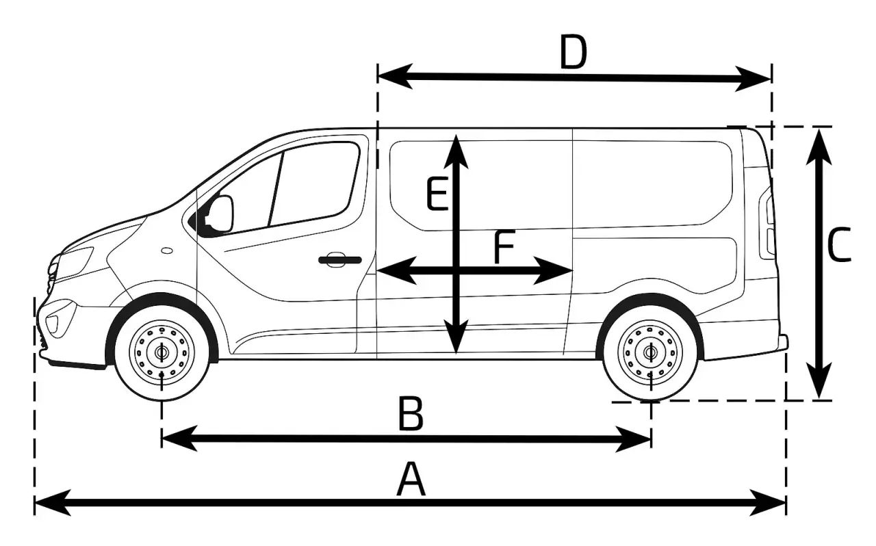 Diagrama de dimensiones de la altura Opel Vivaro, mostrando medidas de largo, ancho y alto.