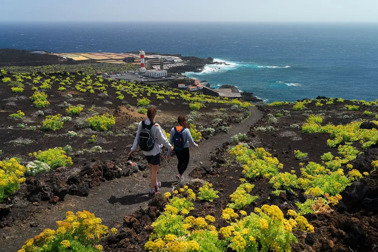 Dos excursionistas caminan por un sendero volc&aacute;nico cubierto de flores amarillas, con el mar azul y las salinas de fondo. Un paisaje espectacular que ver en La Palma.