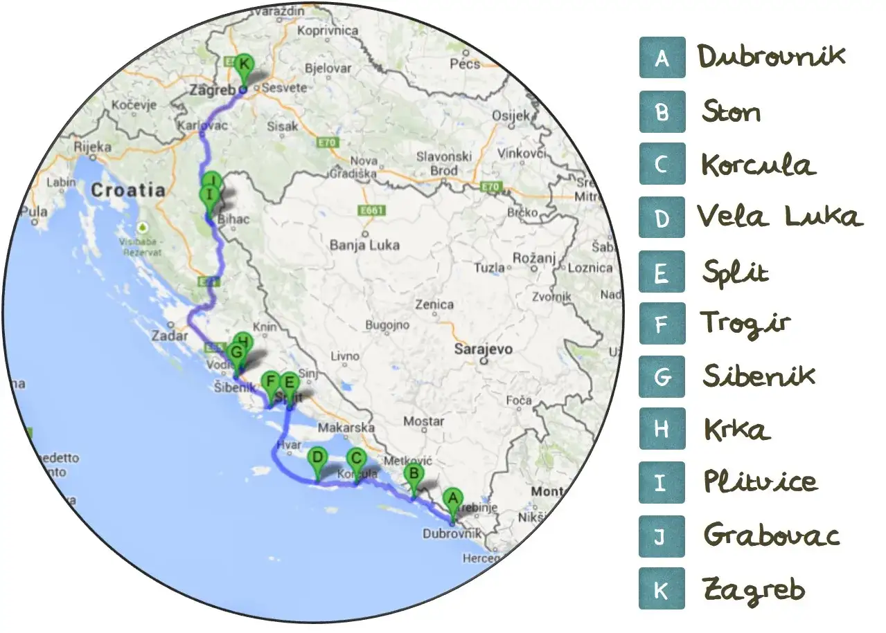 Mapa de ruta croacia 10 dias: Zagreb, Plitvice, &Scaron;ibenik, Split, Korčula, Dubrovnik y m&aacute;s.