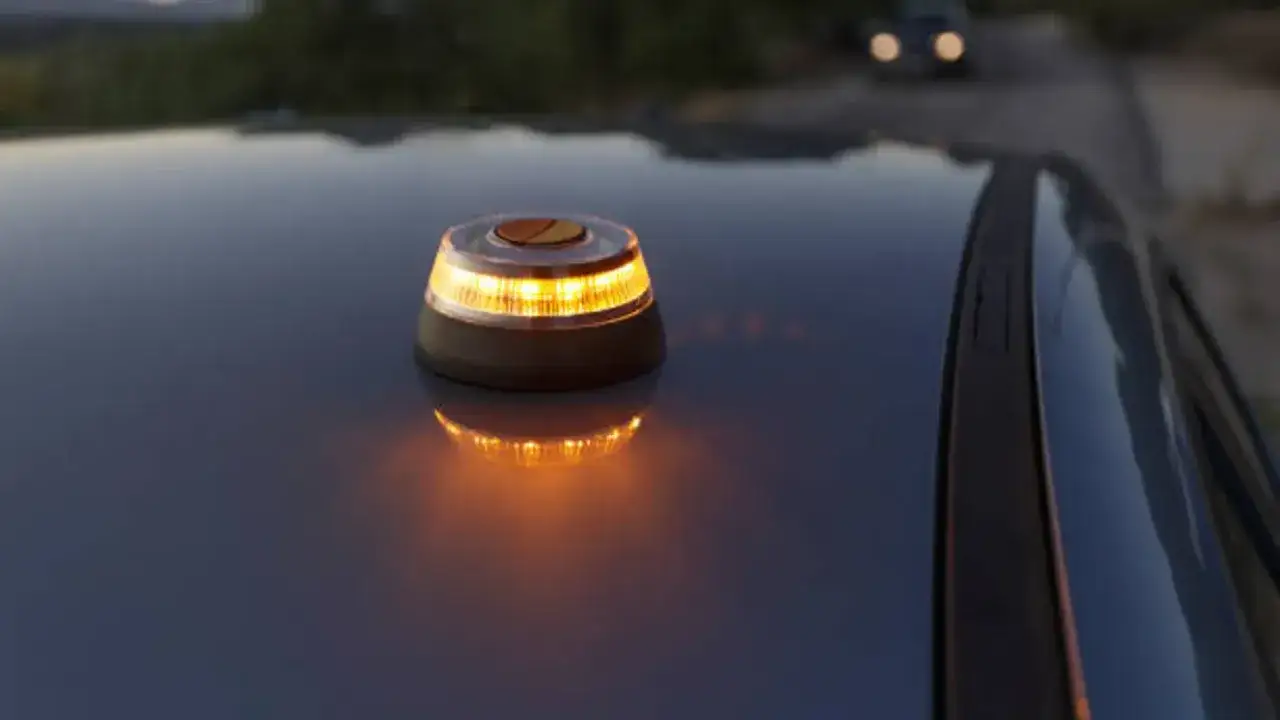 Baliza naranja intermitente sobre el techo de un coche, indicando se&ntilde;ales de aver&iacute;a en el coche.