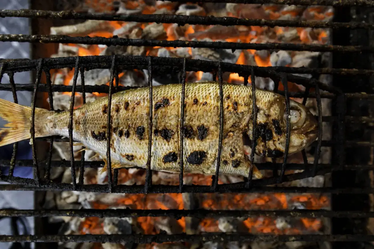 Pescado a la parrilla, listo para comer en Getaria. Las brasas rojas brillan bajo la rejilla con el pescado dorado y chamuscado.
