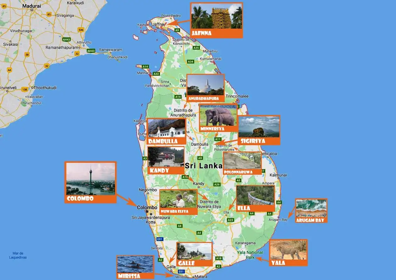 Mapa de Sri Lanka con puntos de inter&eacute;s y fotos: Jaffna, Anuradhapura, Minneriya, Sigiriya, Dambulla, Kandy, Polonnaruwa, Colombo, Nuwara Eliya, Ella, Galle, Mirissa y Yala. Una ruta tur&iacute;stica.