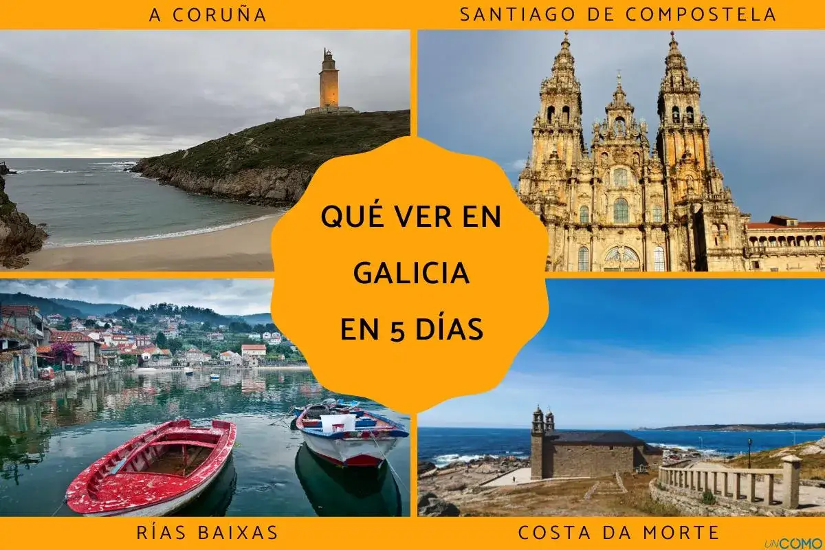 Un collage muestra la Torre de H&eacute;rcules, la Catedral de Santiago, R&iacute;as Baixas y Costa da Morte. Ideal para planificar qu&eacute; ver en Galicia en 5 d&iacute;as.